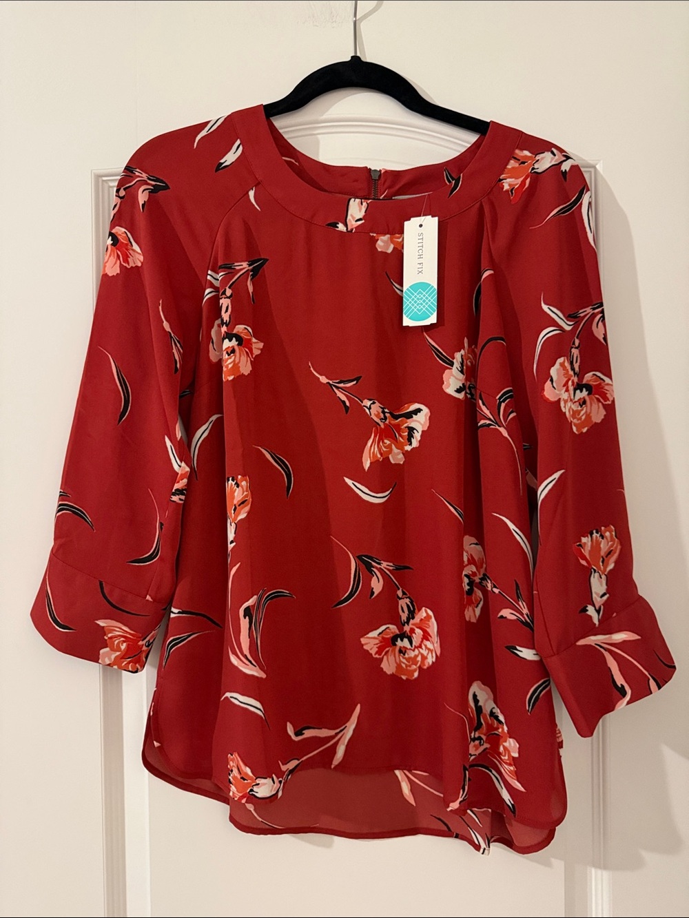 Daniel Rainn Red Floral Pleated Round-Neck Blouse
